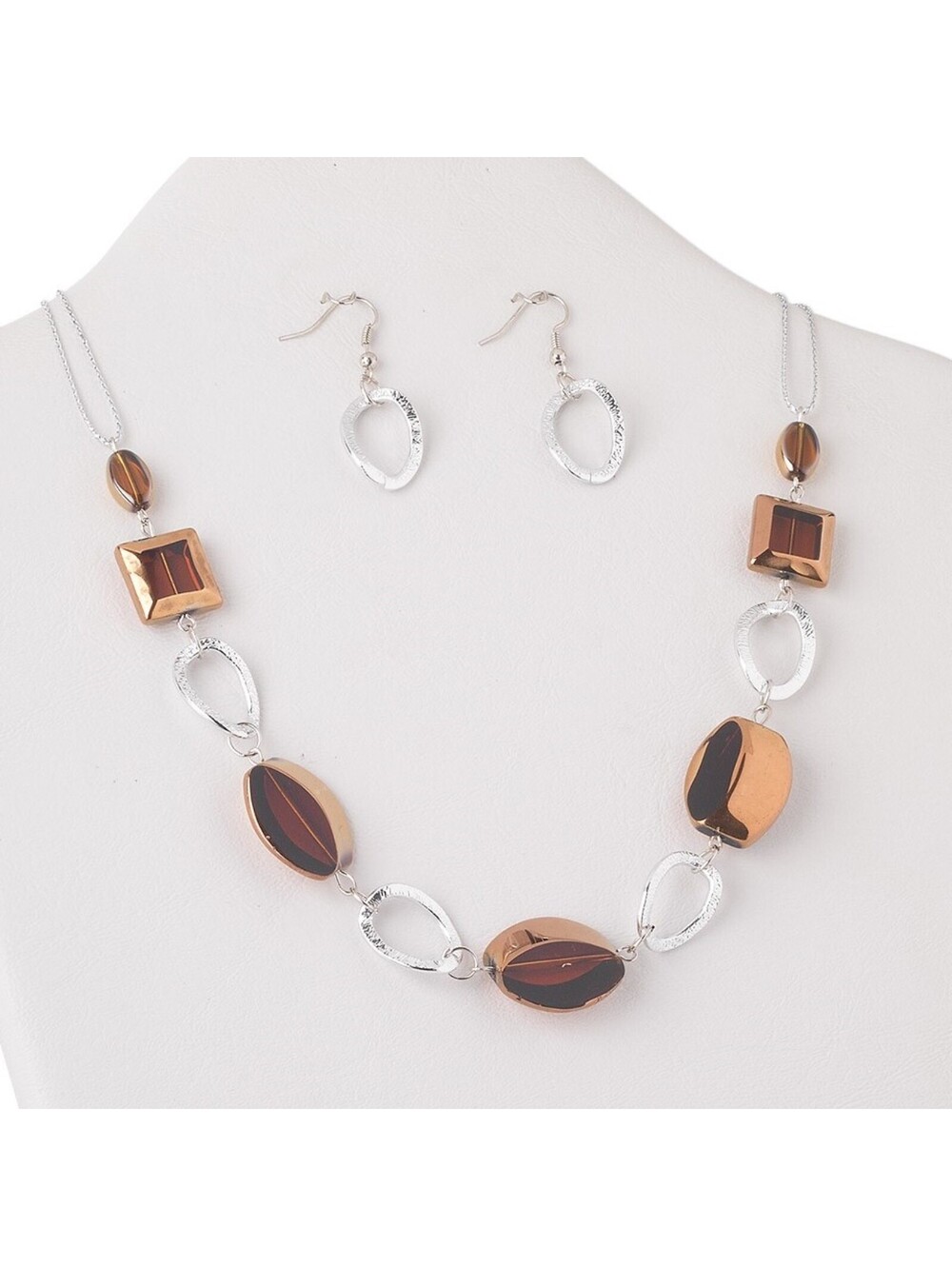 Edgy Copper Dipped Brown Glass Silver Metal Necklace and Earrings Jewelry Set